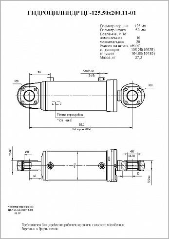 ГИДРОЦИЛИНДР ПОДЪЕМА НАВЕСНОГО ОБОРУДОВАНИЯ ЦГ-125.50Х200.11-01